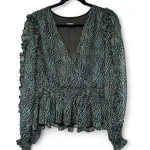 Express Black & Green Printed Ruffle Surplice Blouse